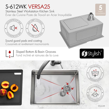 Undermount 25 inch Single Bowl Workstation Kitchen Sink with Accessories