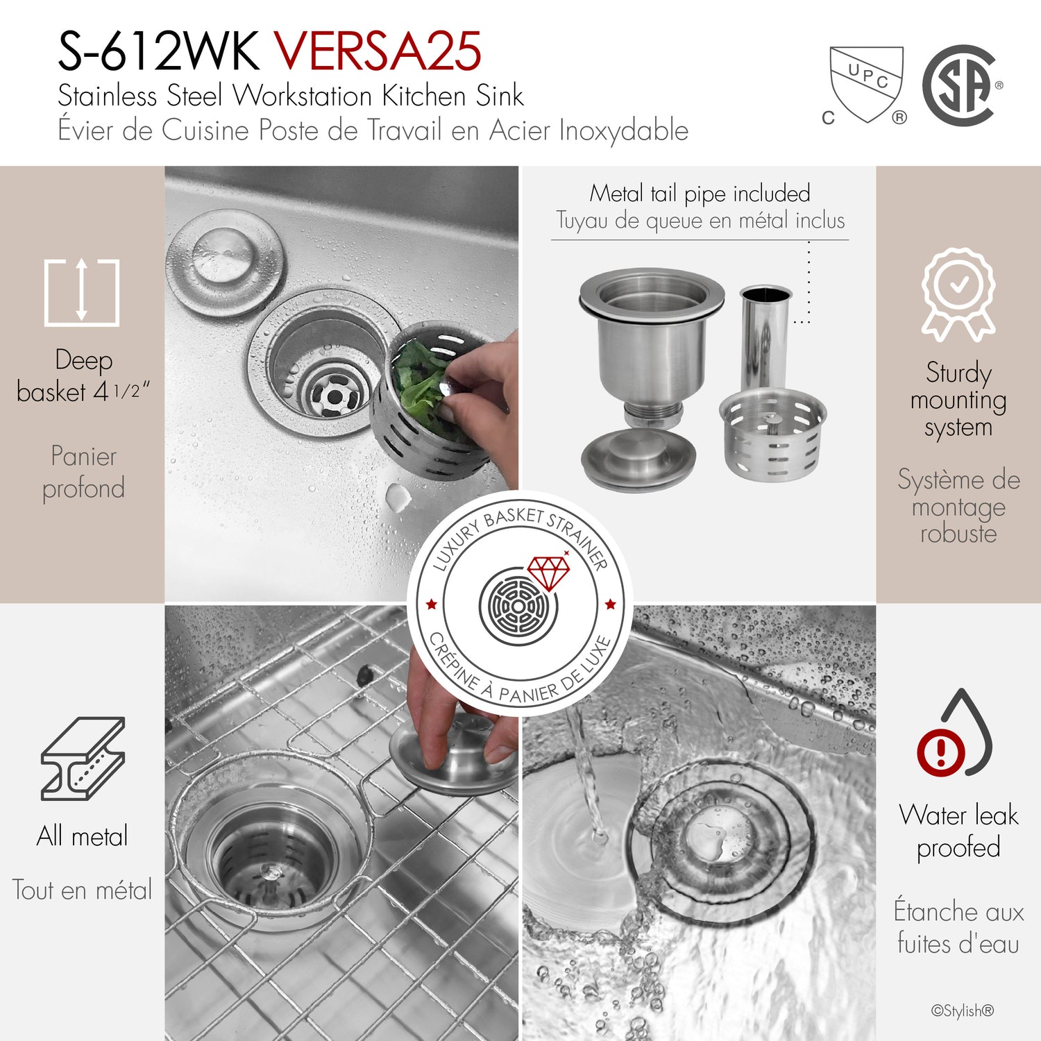 Undermount 25 inch Single Bowl Workstation Kitchen Sink with Accessories