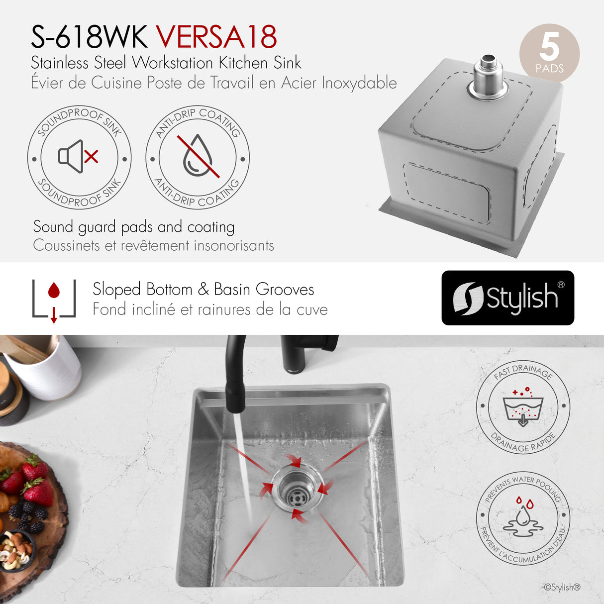 Undermount 18 inch Single Bowl Workstation Kitchen Sink with Cutting Board