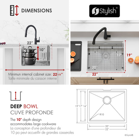 Undermount 22 inch Single Bowl Workstation Kitchen Sink with Cutting Board
