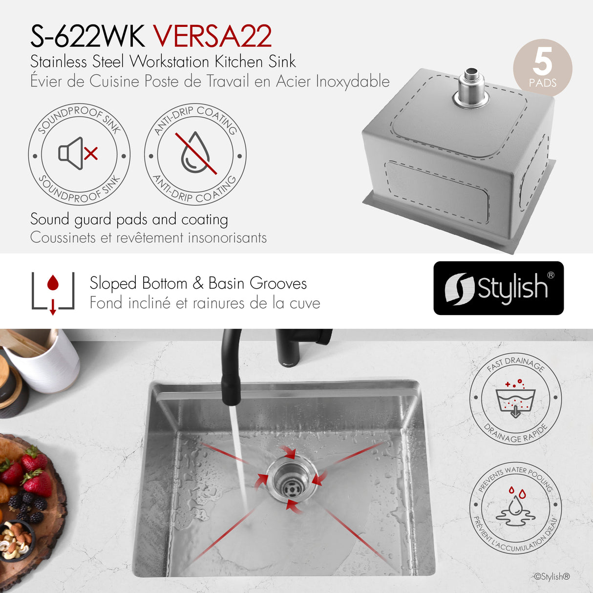 Undermount 22 inch Single Bowl Workstation Kitchen Sink with Cutting Board
