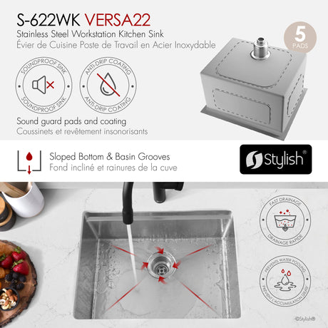Undermount 22 inch Single Bowl Workstation Kitchen Sink with Cutting Board