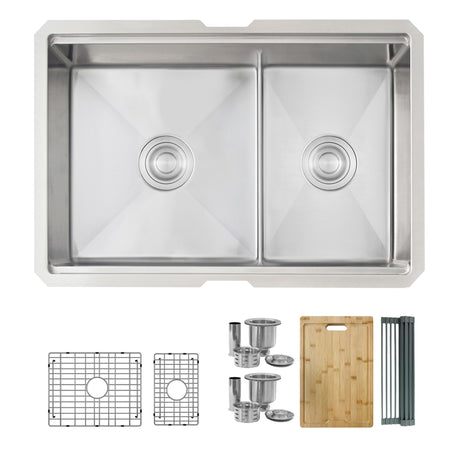 Undermount 25 inch Double Bowl Workstation Kitchen Sink with Accessories