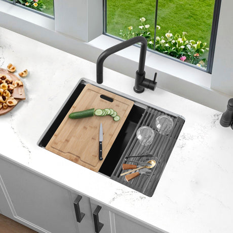 Undermount 25 inch Double Bowl Workstation Kitchen Sink with Accessories