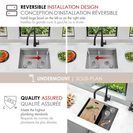 Undermount 25 inch Double Bowl Workstation Kitchen Sink with Accessories