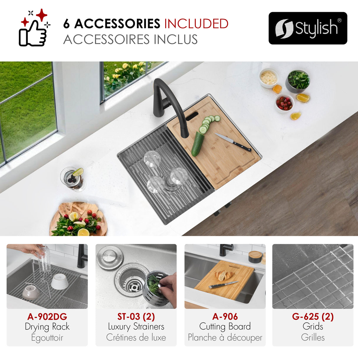 Undermount 25 inch Double Bowl Workstation Kitchen Sink with Accessories