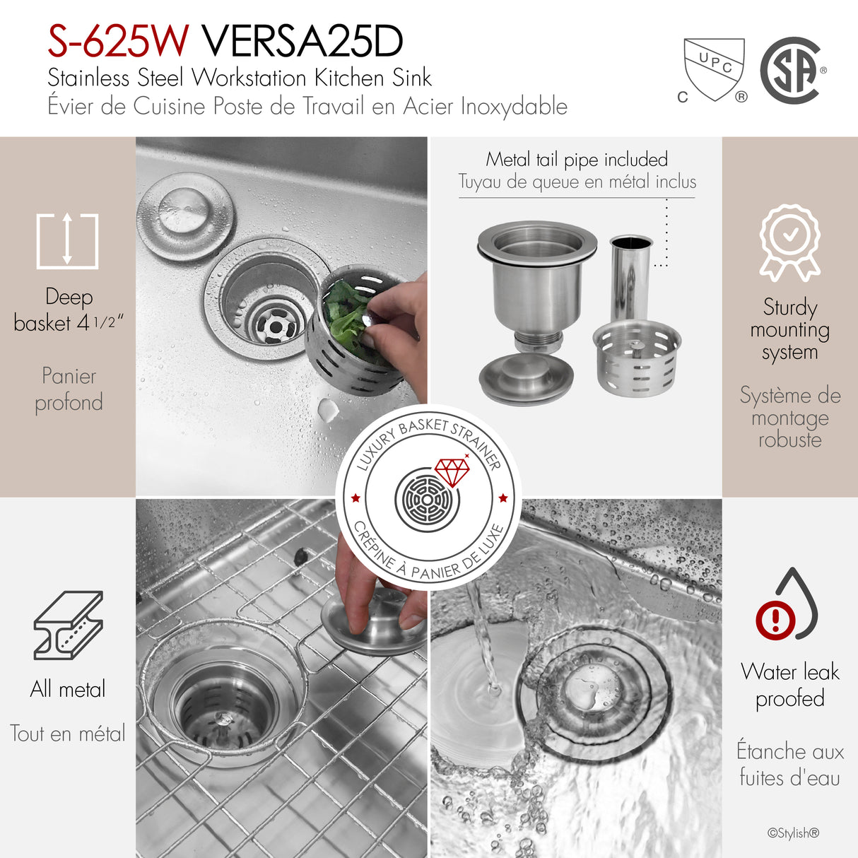 Undermount 25 inch Double Bowl Workstation Kitchen Sink with Accessories