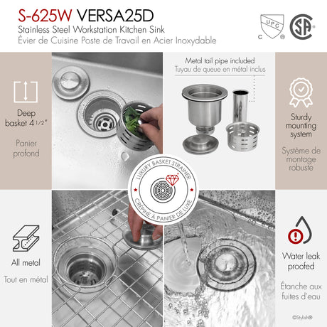 Undermount 25 inch Double Bowl Workstation Kitchen Sink with Accessories
