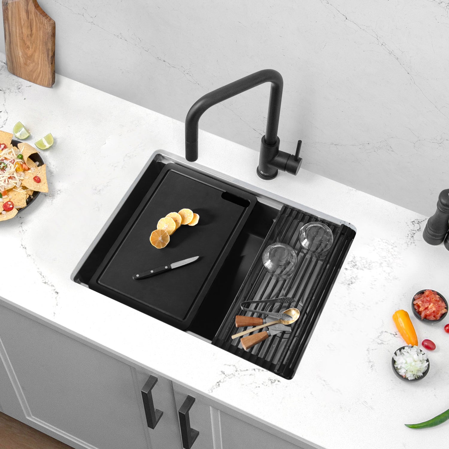 Undermount 25 inch Double Bowl Workstation Kitchen Sink with Accessories