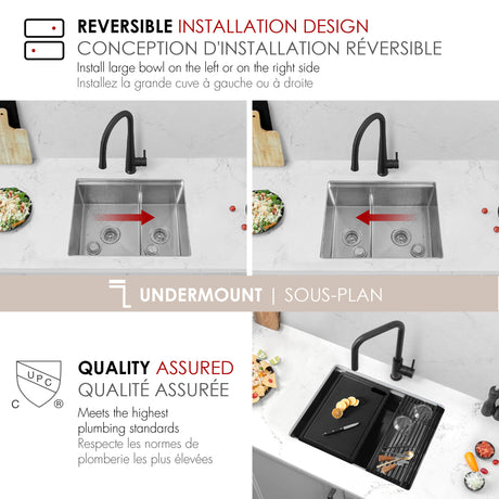 Undermount 25 inch Double Bowl Workstation Kitchen Sink with Accessories