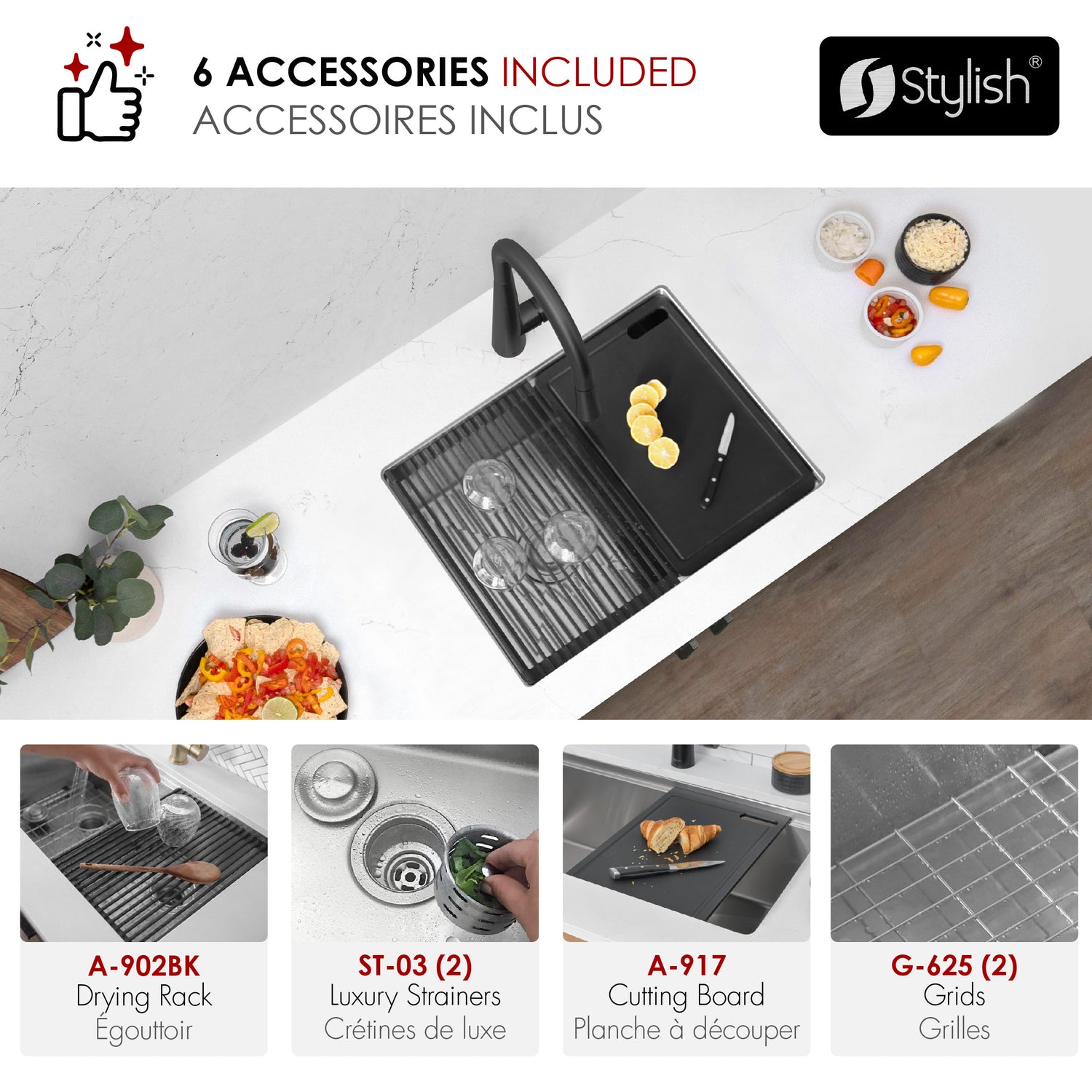 Undermount 25 inch Double Bowl Workstation Kitchen Sink with Accessories