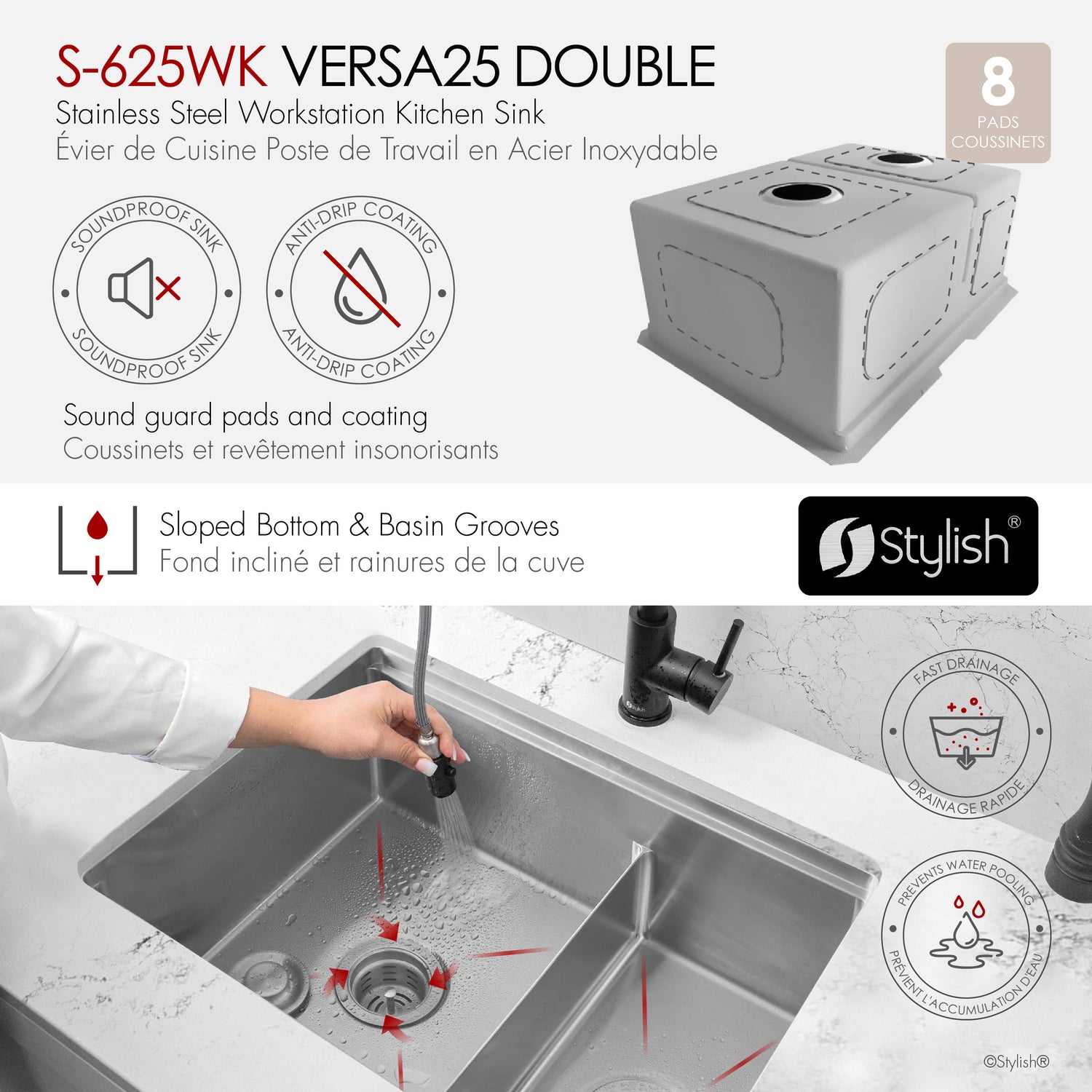 Undermount 25 inch Double Bowl Workstation Kitchen Sink with Accessories