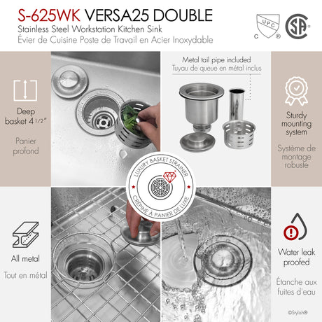 Undermount 25 inch Double Bowl Workstation Kitchen Sink with Accessories