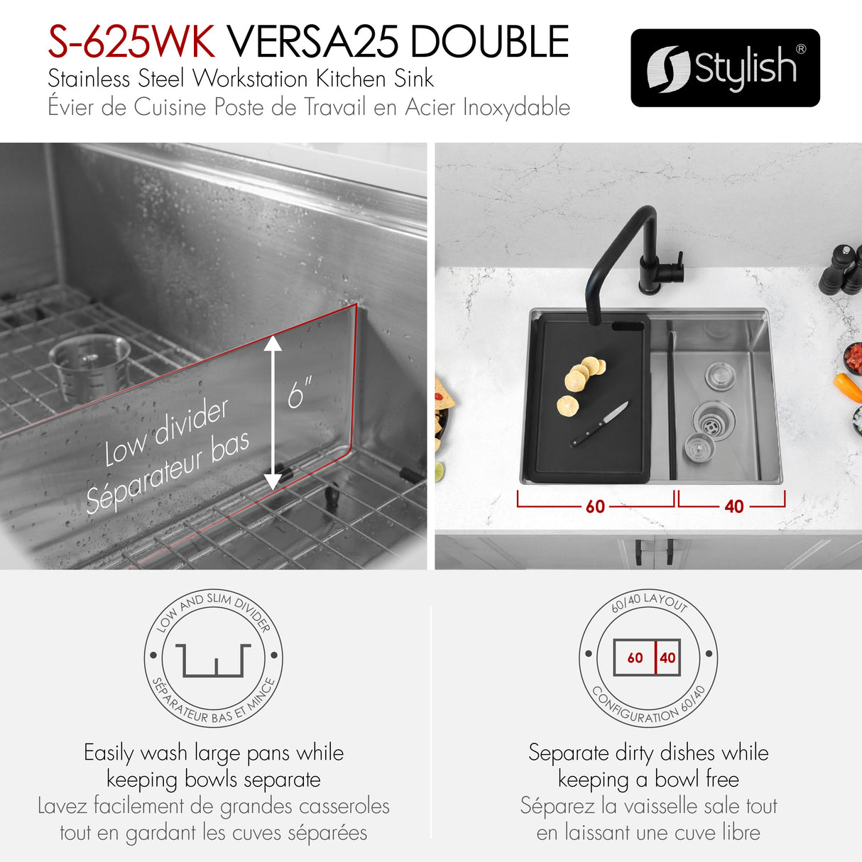 Undermount 25 inch Double Bowl Workstation Kitchen Sink with Accessories