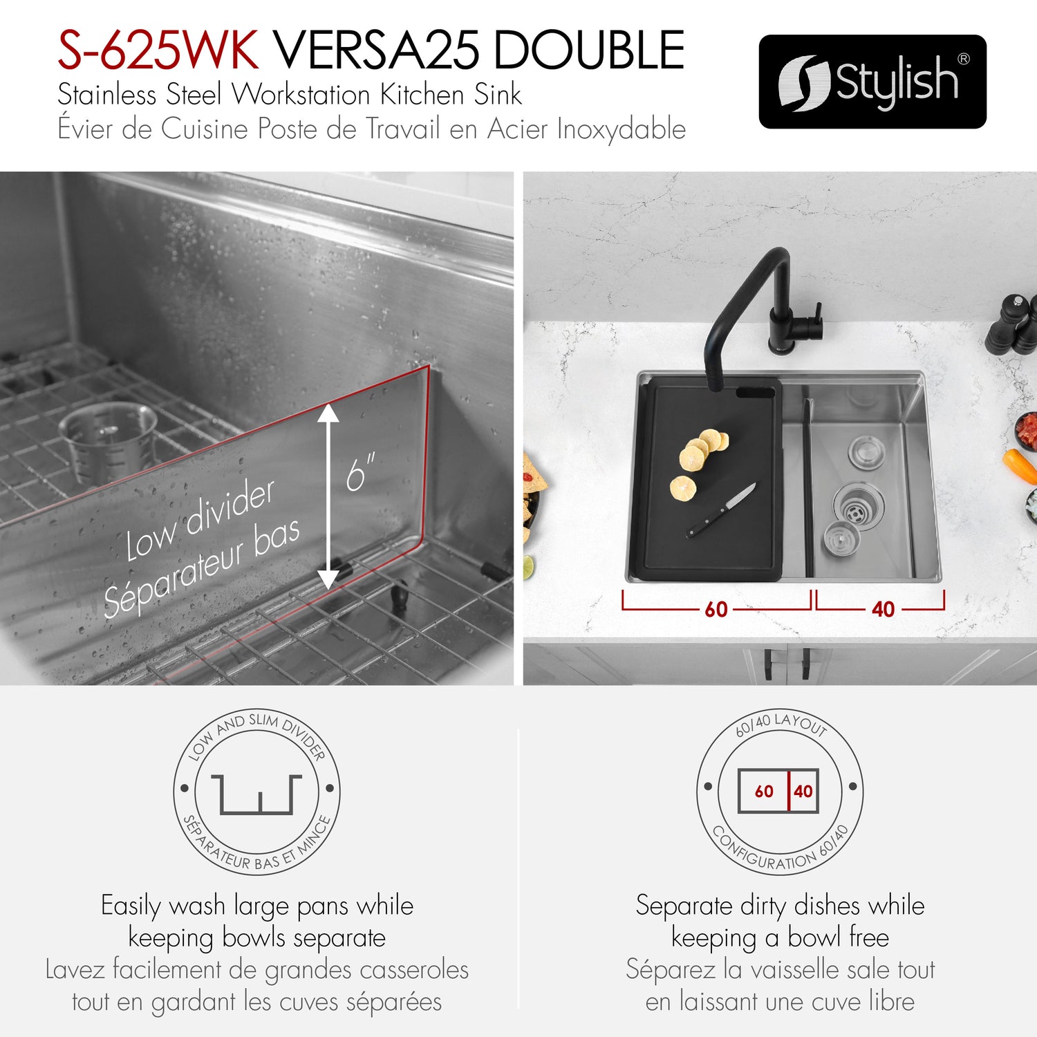 Undermount 25 inch Double Bowl Workstation Kitchen Sink with Accessories