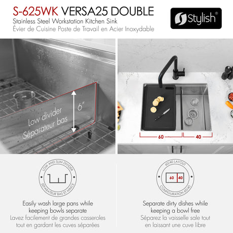 Undermount 25 inch Double Bowl Workstation Kitchen Sink with Accessories