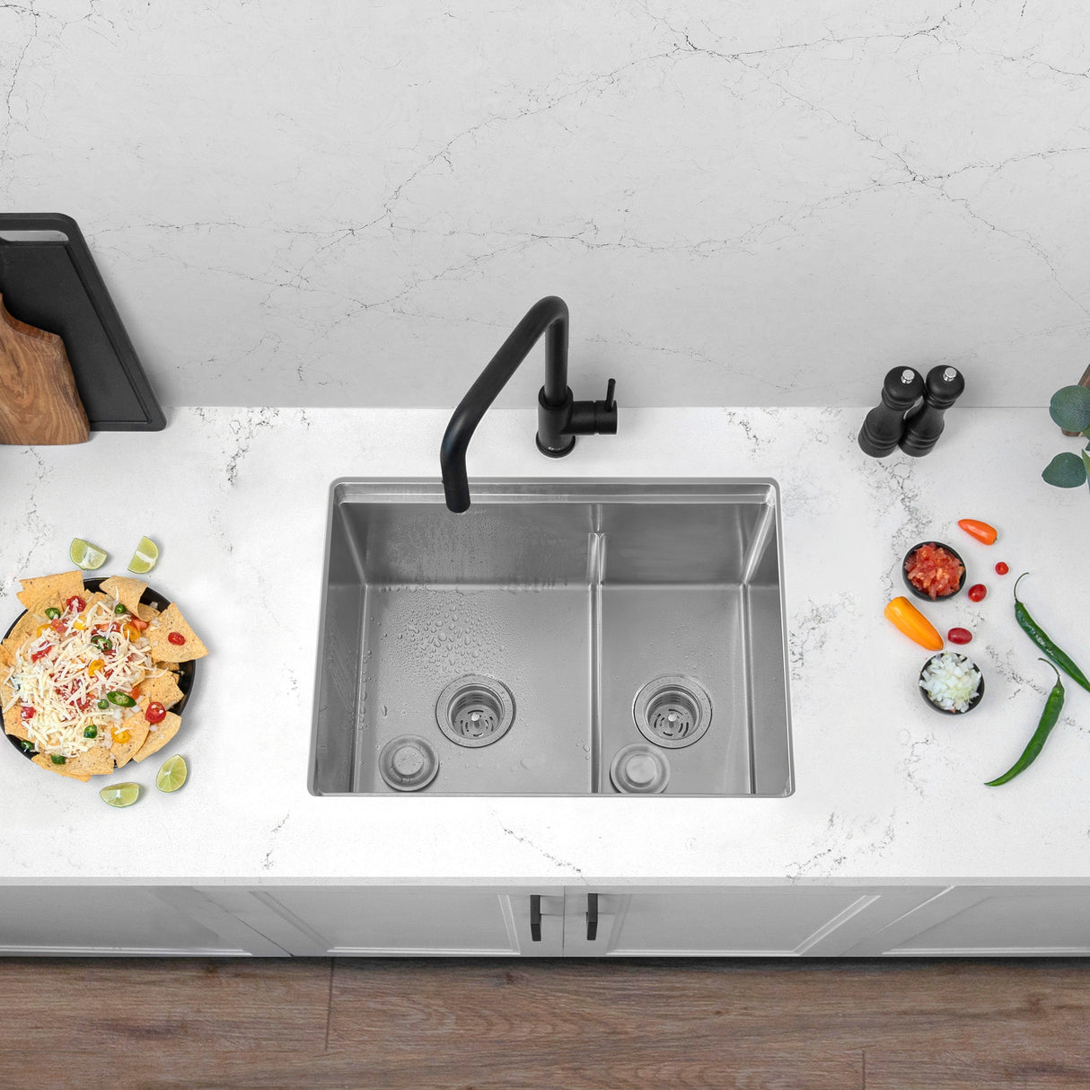 Undermount 25 inch Double Bowl Workstation Kitchen Sink with Accessories