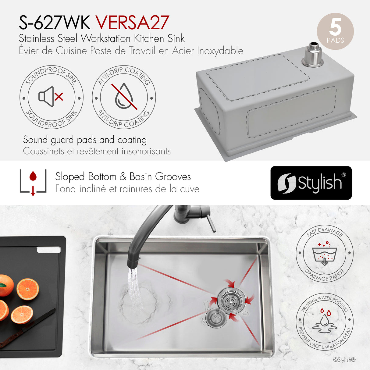 Undermount 27 inch Single Bowl Workstation kitchen Sink with Accessories