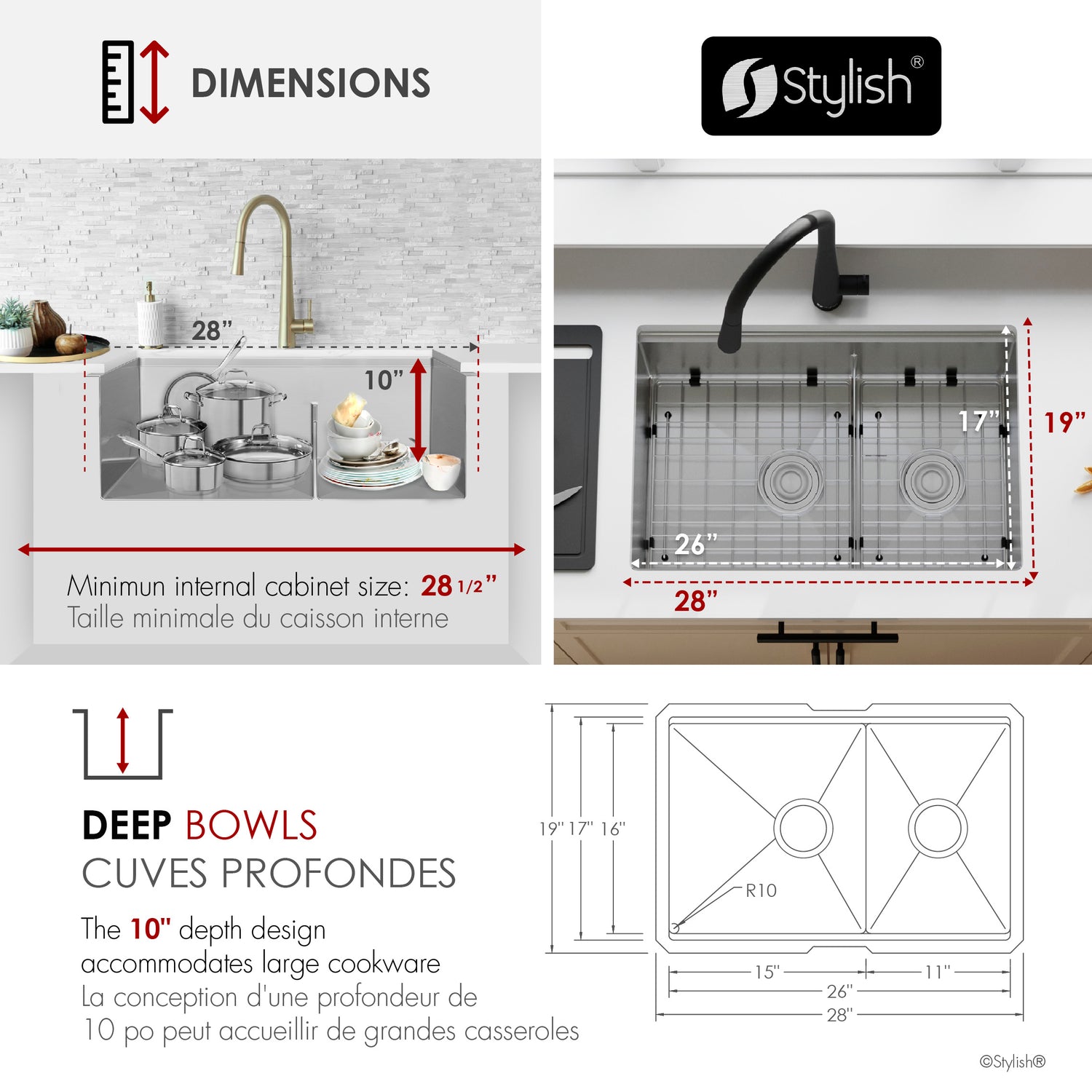 Undermount 28 inch double bowl 60/40 Workstation kitchen sink with Accessories