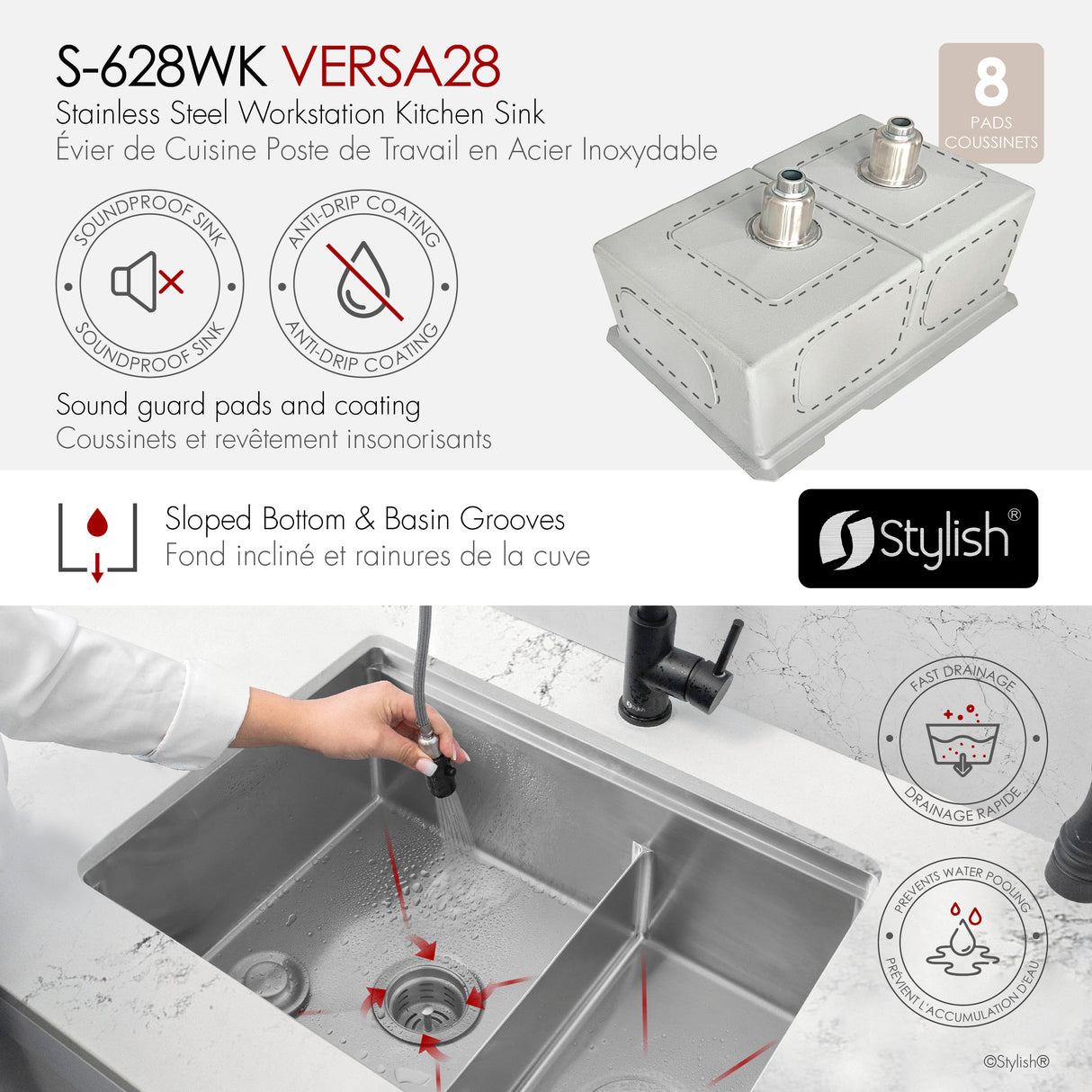 Undermount 28 inch double bowl 60/40 Workstation kitchen sink with Accessories