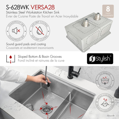 Undermount 28 inch double bowl 60/40 Workstation kitchen sink with Accessories