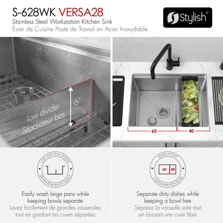 Undermount 28 inch double bowl 60/40 Workstation kitchen sink with Accessories