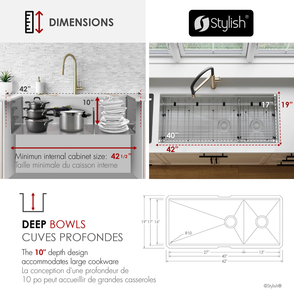 Undermount 42 inch Double Bowl 70/30 Workstation Kitchen Sink with Accessories