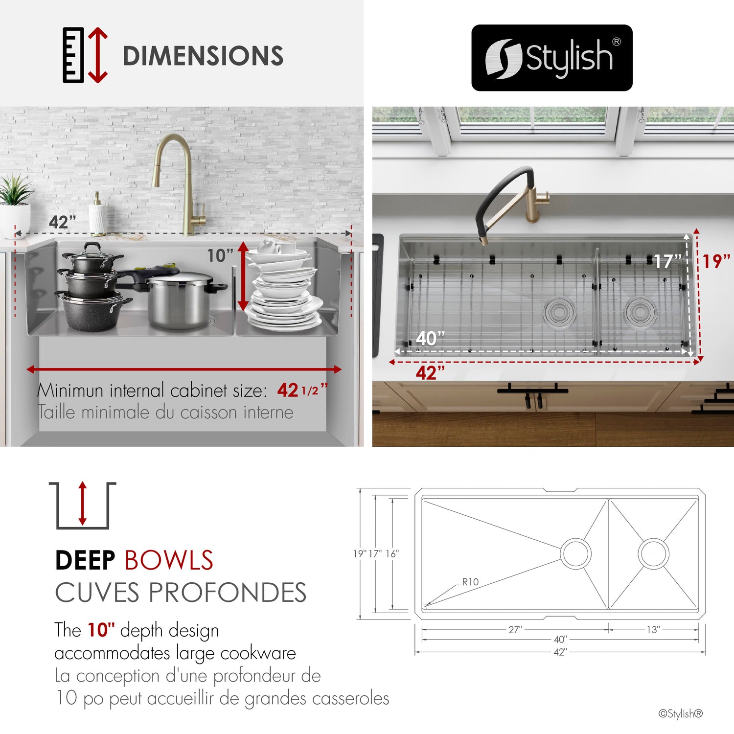 Undermount 42 inch Double Bowl 70/30 Workstation Kitchen Sink with Accessories