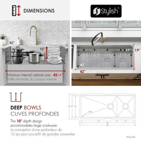 Undermount 42 inch Double Bowl 70/30 Workstation Kitchen Sink with Accessories