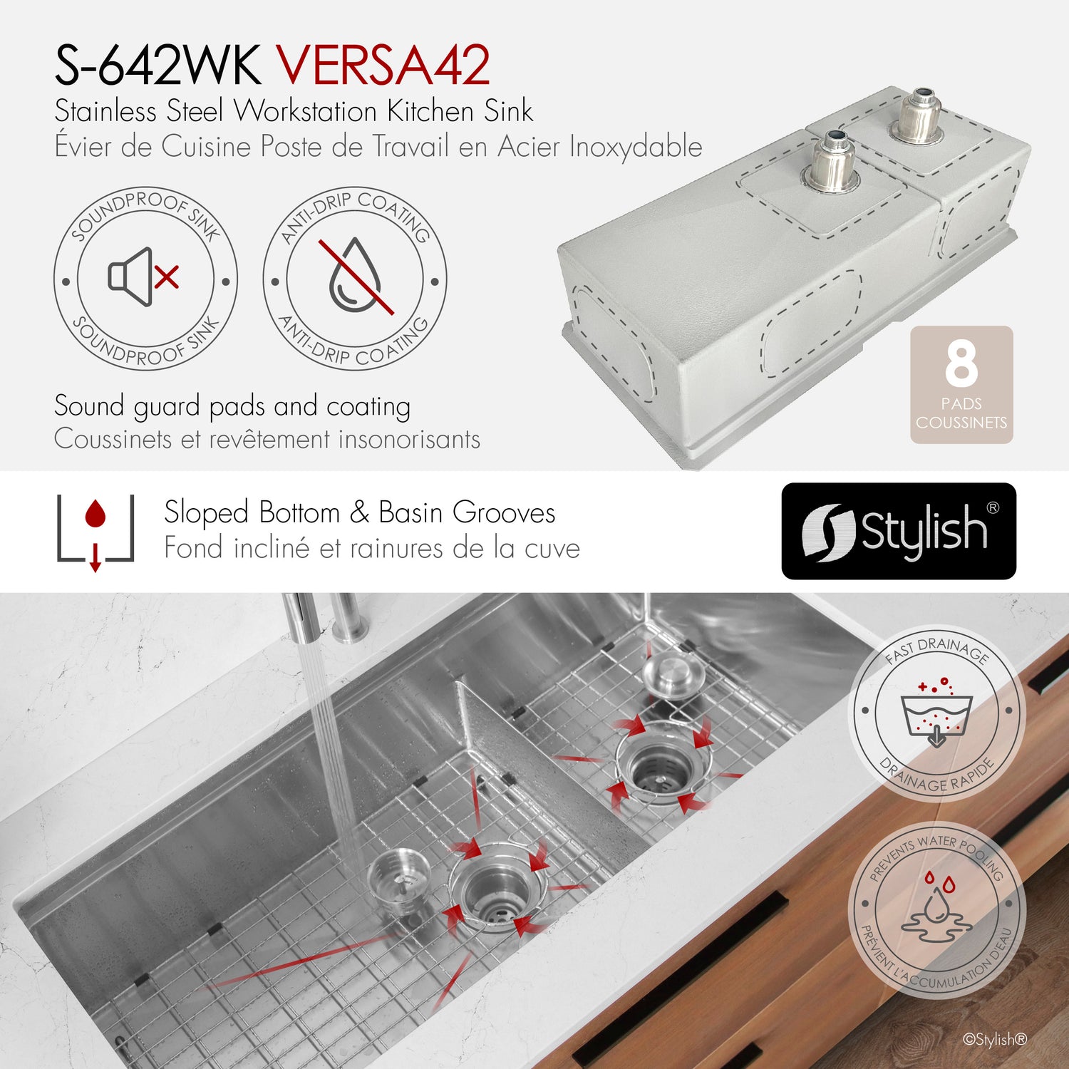 Undermount 42 inch Double Bowl 70/30 Workstation Kitchen Sink with Accessories