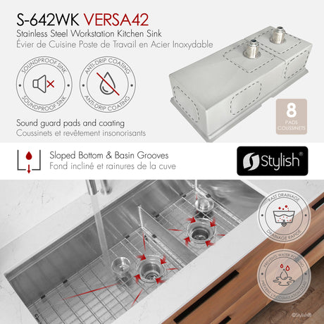 Undermount 42 inch Double Bowl 70/30 Workstation Kitchen Sink with Accessories