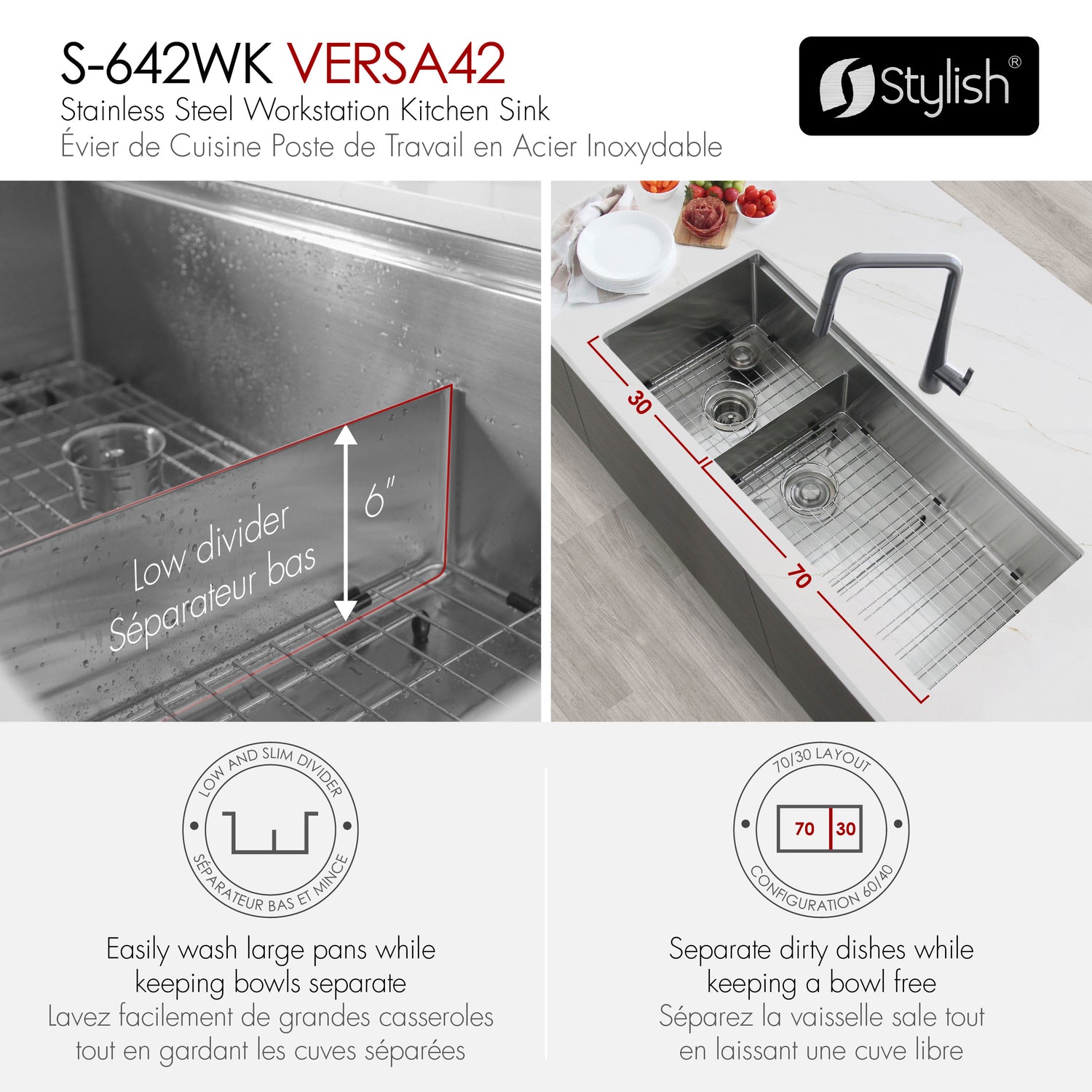 Undermount 42 inch Double Bowl 70/30 Workstation Kitchen Sink with Accessories