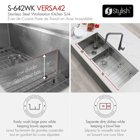 Undermount 42 inch Double Bowl 70/30 Workstation Kitchen Sink with Accessories