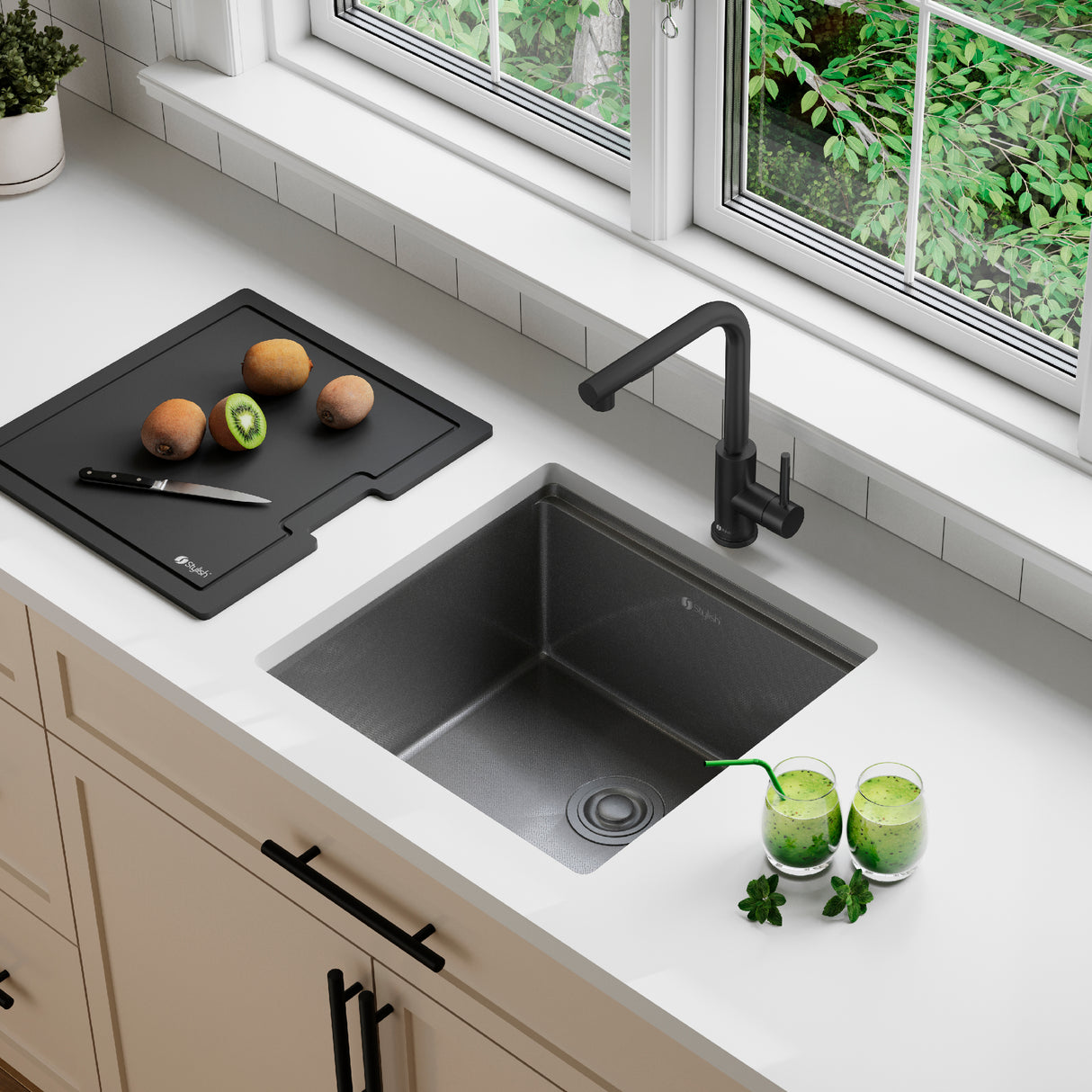 Undermount 20 inch Workstation Single Bowl Kitchen Sink with Dura-Tek finish and Accessories