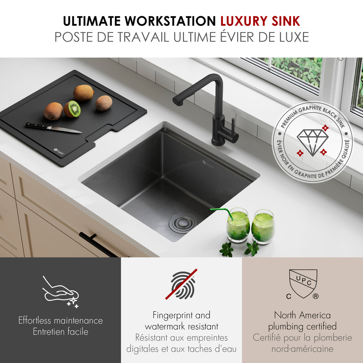 Undermount 20 inch Workstation Single Bowl Kitchen Sink with Dura-Tek finish and Accessories