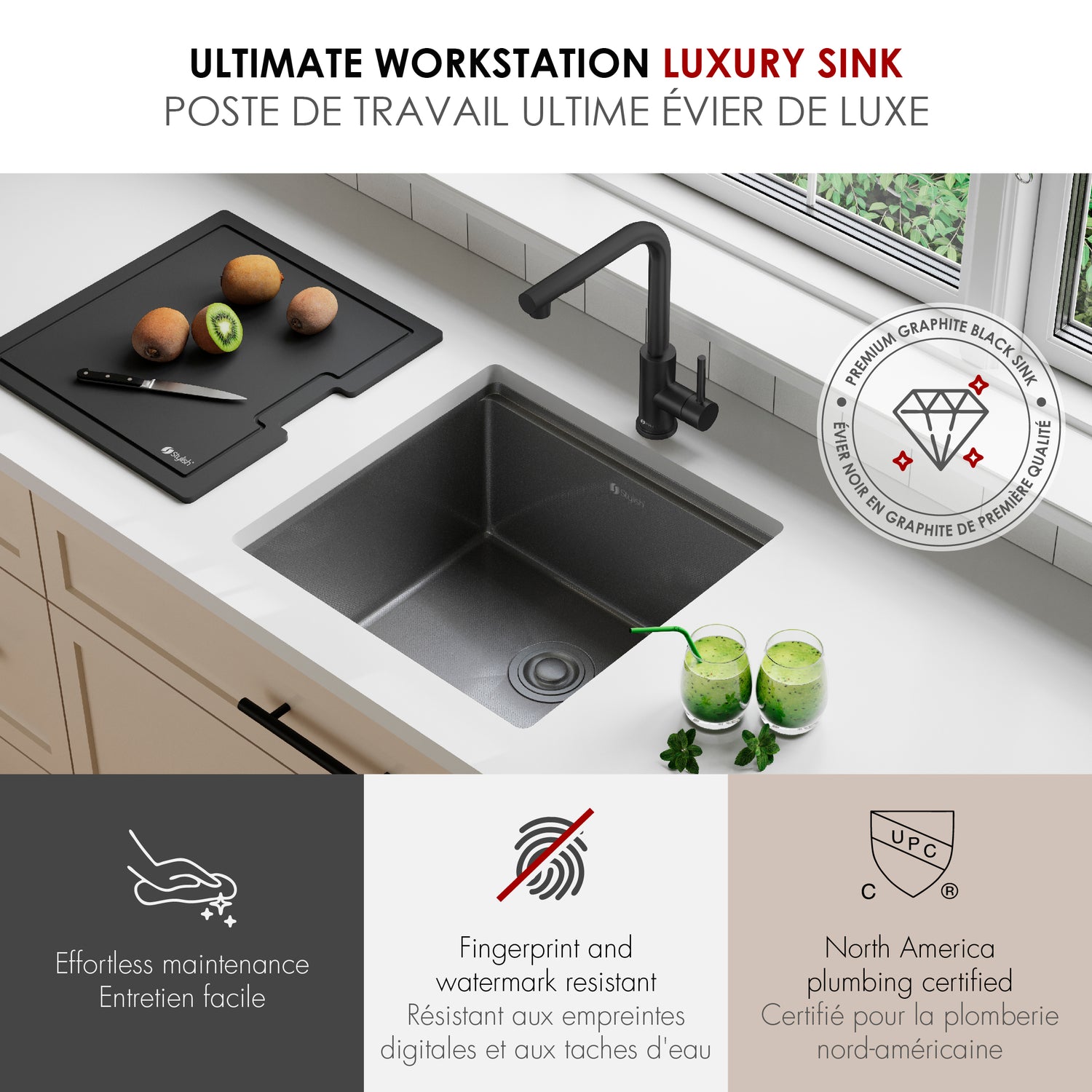 Undermount 20 inch Workstation Single Bowl Kitchen Sink with Dura-Tek finish and Accessories