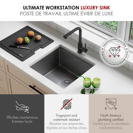 Undermount 20 inch Workstation Single Bowl Kitchen Sink with Dura-Tek finish and Accessories