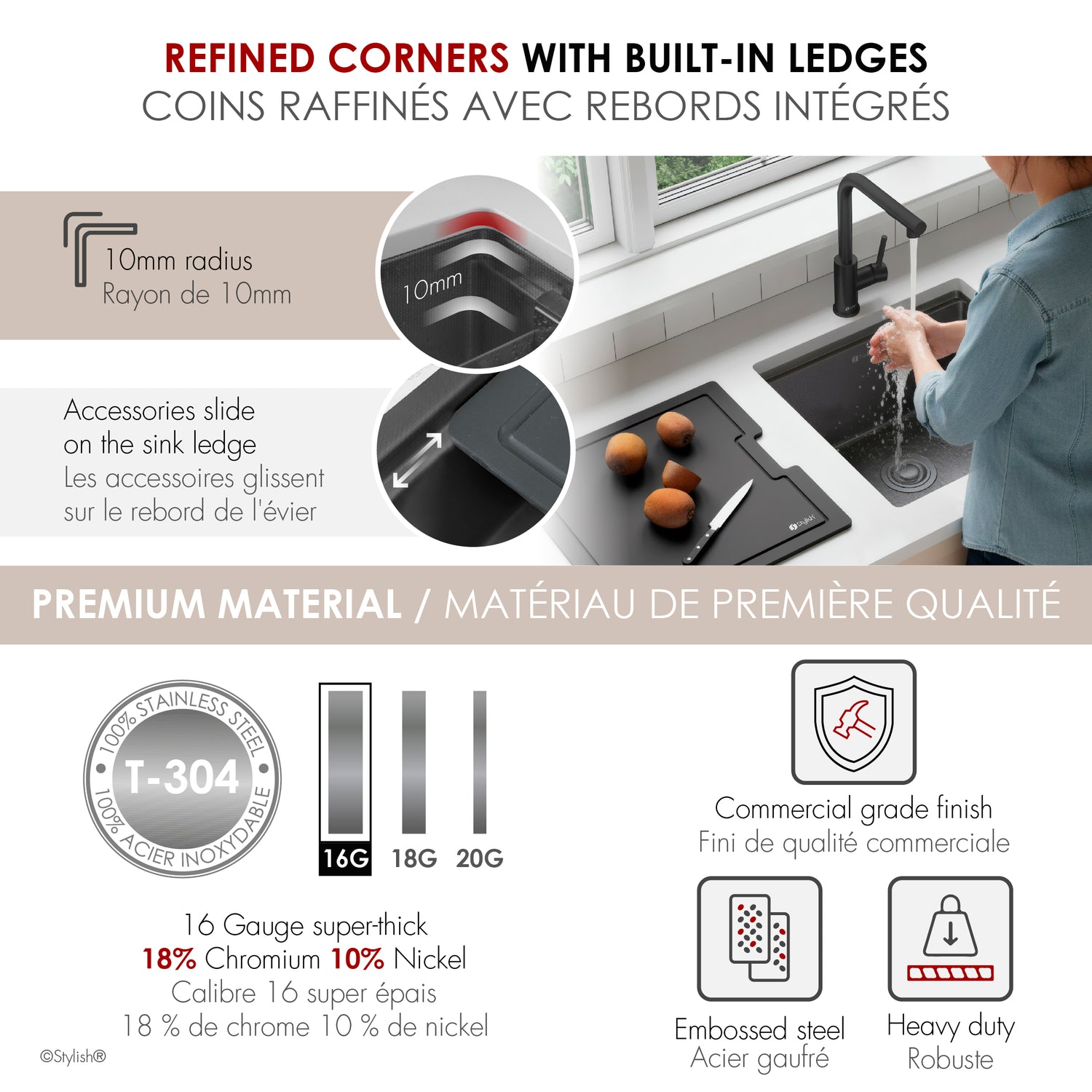 Undermount 20 inch Workstation Single Bowl Kitchen Sink with Dura-Tek finish and Accessories
