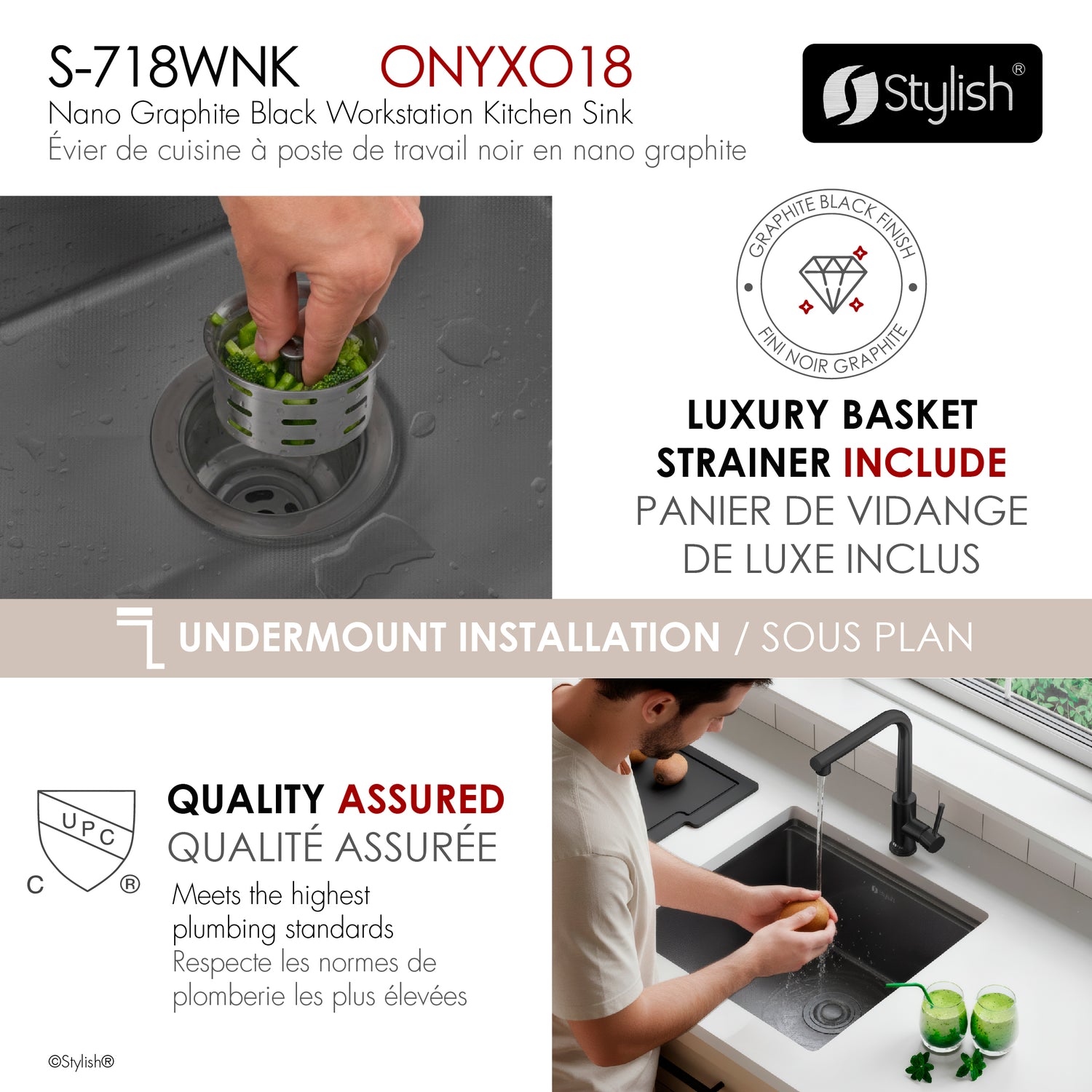Undermount 20 inch Workstation Single Bowl Kitchen Sink with Dura-Tek finish and Accessories