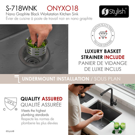 Undermount 20 inch Workstation Single Bowl Kitchen Sink with Dura-Tek finish and Accessories