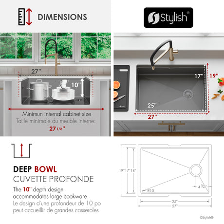 Undermount 27 inch Workstation Single Bowl Kitchen Sink with Dura-Tek finish and Accessories