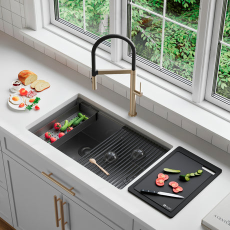Undermount 32 inch Workstation 50/50 Double Bowl Kitchen Sink with Dura-Tek finish and Accessories