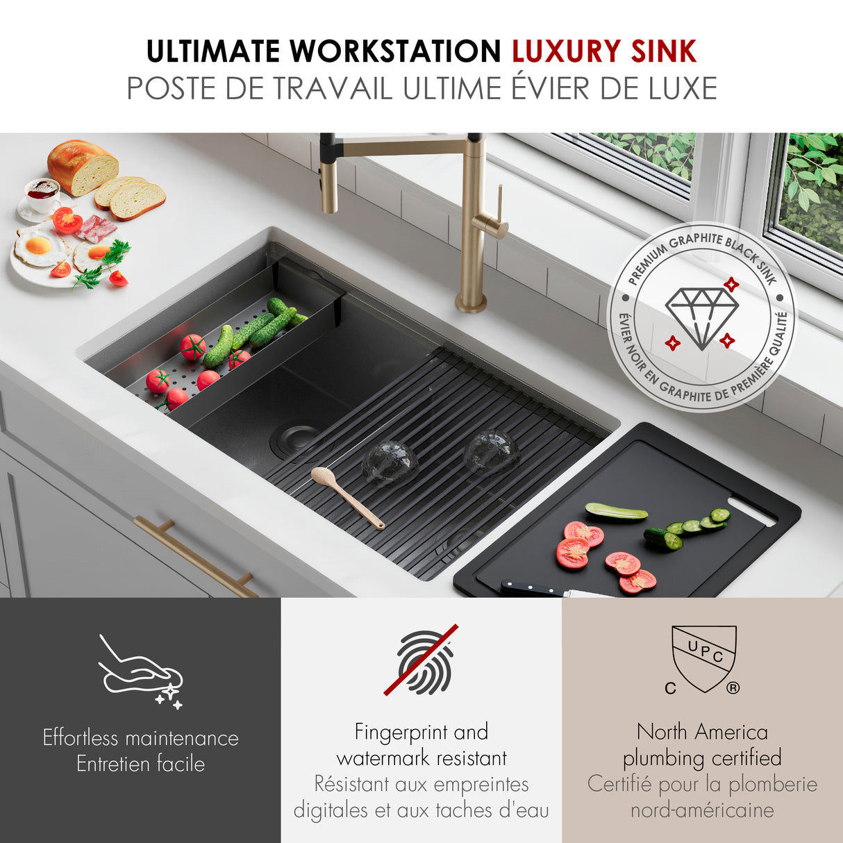 Undermount 32 inch Workstation 50/50 Double Bowl Kitchen Sink with Dura-Tek finish and Accessories