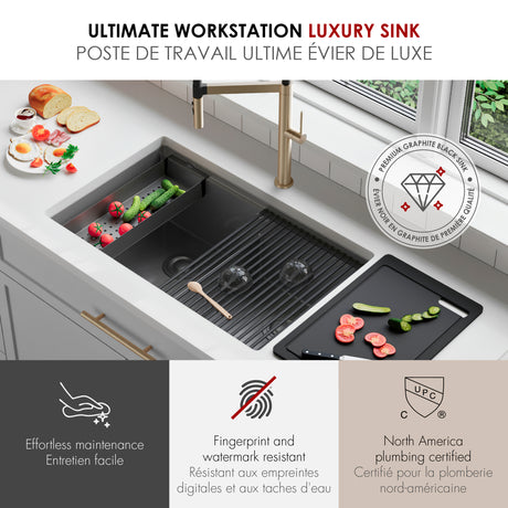 Undermount 32 inch Workstation 50/50 Double Bowl Kitchen Sink with Dura-Tek finish and Accessories