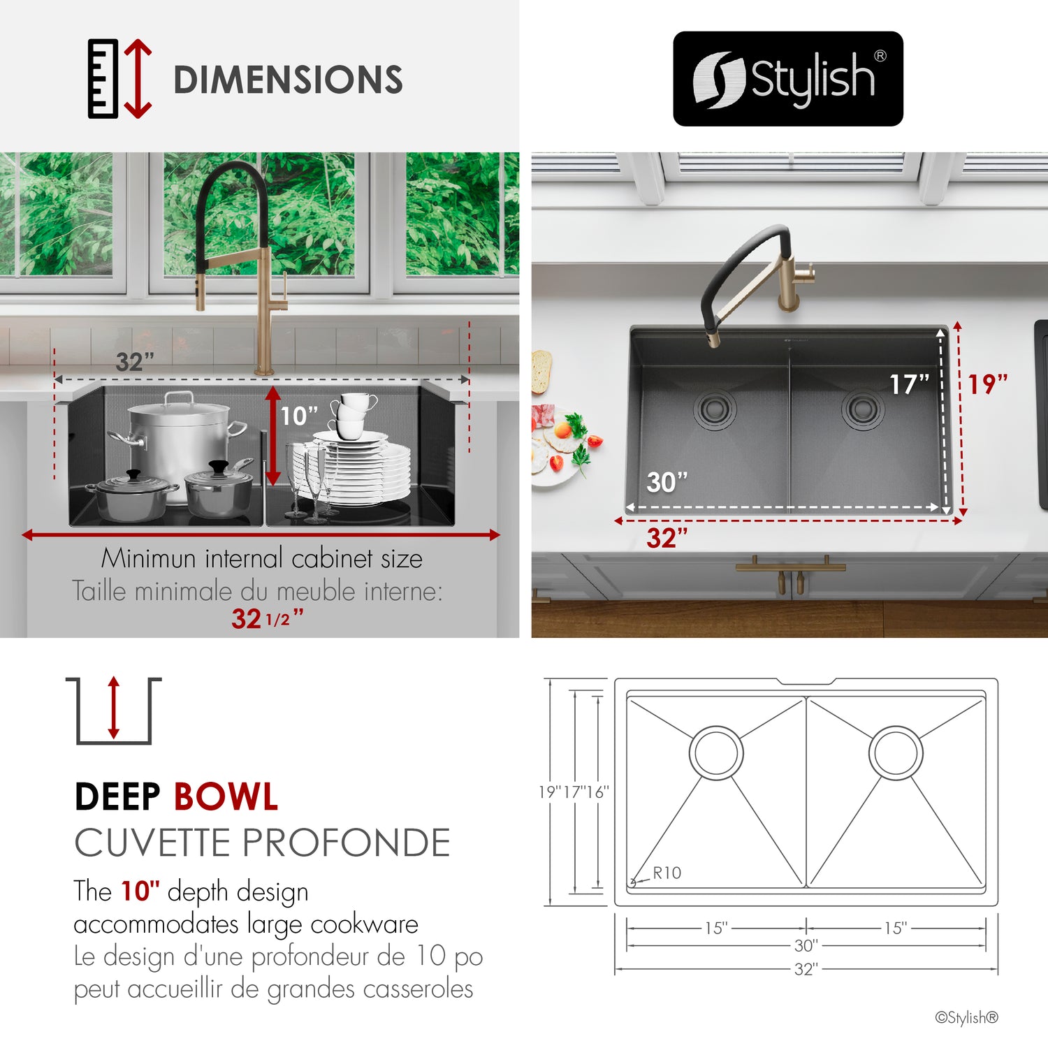 Undermount 32 inch Workstation 50/50 Double Bowl Kitchen Sink with Dura-Tek finish and Accessories