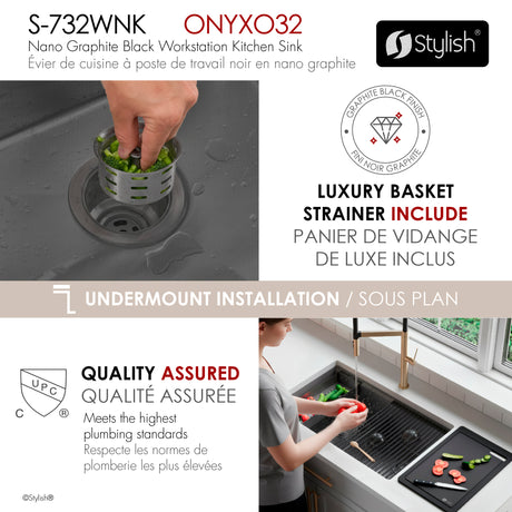 Undermount 32 inch Workstation 50/50 Double Bowl Kitchen Sink with Dura-Tek finish and Accessories