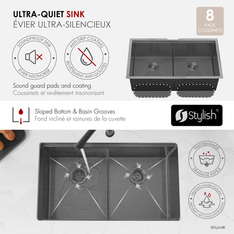 Undermount 32 inch Workstation 50/50 Double Bowl Kitchen Sink with Dura-Tek finish and Accessories