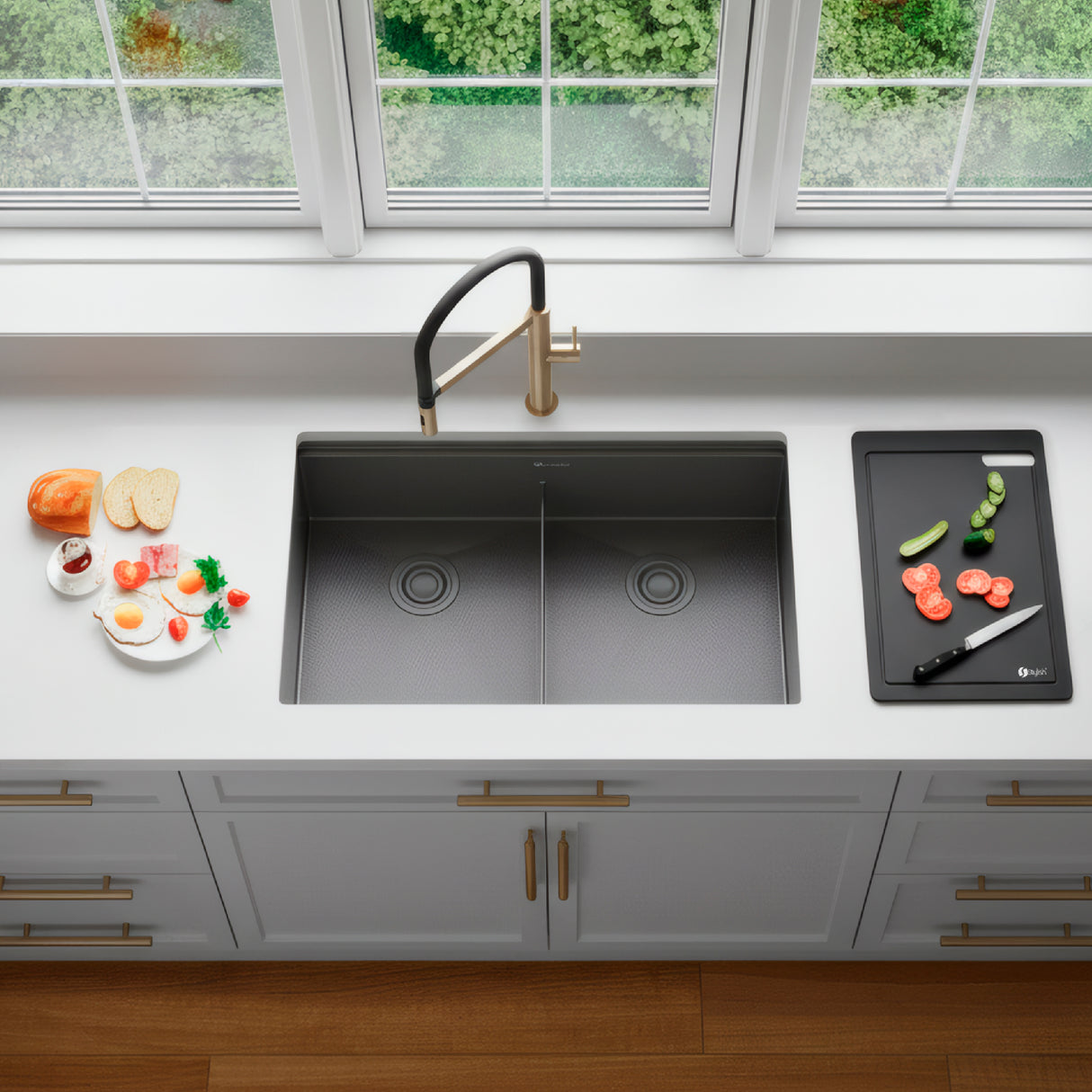 Undermount 32 inch Workstation 50/50 Double Bowl Kitchen Sink with Dura-Tek finish and Accessories