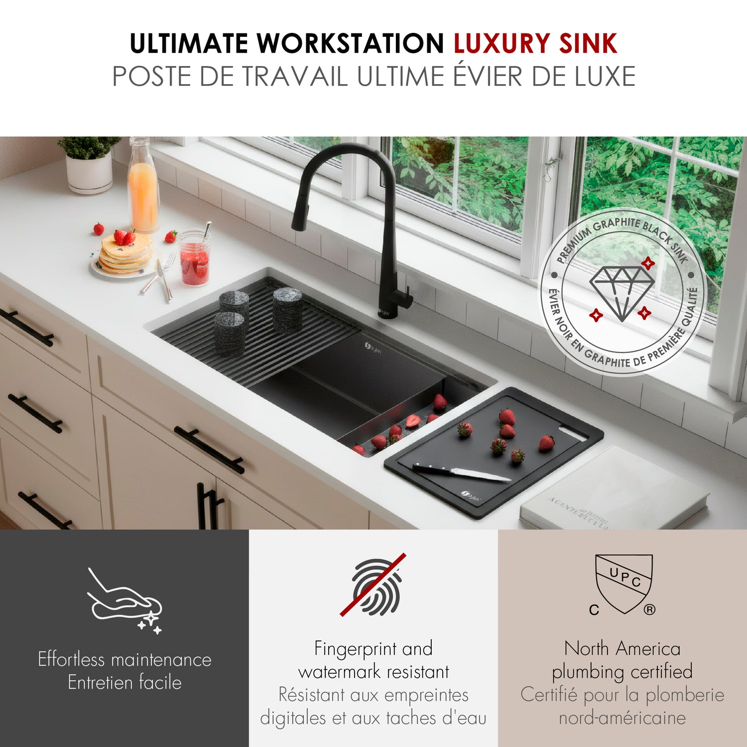 Undermount 33 inch Workstation Single Bowl Kitchen Sink with Dura-Tek finish and Accessories