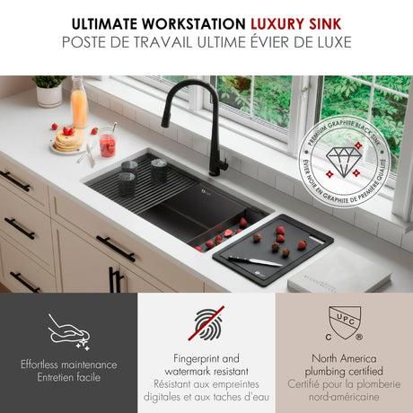 Undermount 33 inch Workstation Single Bowl Kitchen Sink with Dura-Tek finish and Accessories